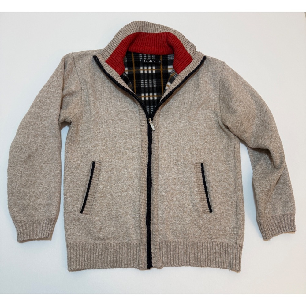 YeoKou Mens Cashmere Wool Blend Full Zip Fleece Lined Cardigan Sweater Beige M